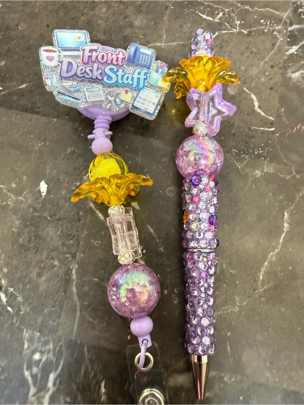 Purple Front Desk Staff Rhinestone Beaded Pen and Matching Badge Reel Handmade